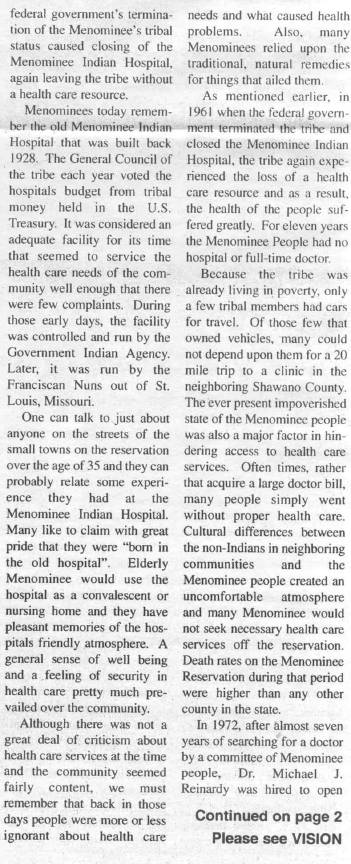 History Menominee Tribal Clinic 20th Anniversary